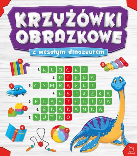 Okładka: Krzyżówki obrazkowe z wesołym dinozaurem