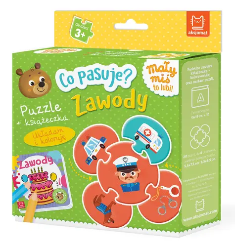 Okładka: Co pasuje? Zawody. Puzzle + książeczka