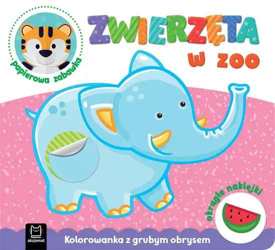 Okładka: Zwierzęta w zoo. Kolorowanka z grubym obrysem, okrągłe naklejki, papierowa zabawka