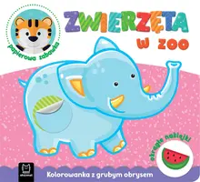 Okładka: Zwierzęta w zoo. Kolorowanka z grubym obrysem, okrągłe naklejki, papierowa zabawka