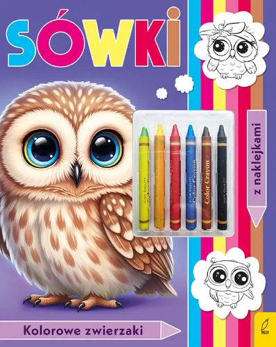Okładka: Kolorowanka z kredkami. Kolorowe zwierzaki. Sówki