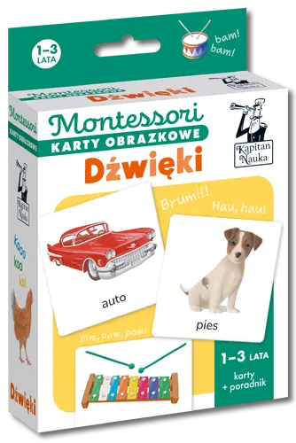 Okładka: Montessori. Karty obrazkowe Dźwięki (1-3 lata). Kapitan Nauka